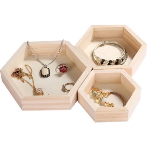 3Pcs Wood Jewelry Storage Boxes Bracelet Necklace Display Tray Plate Hexagon Wooden Cases Organizer Dishes Tray