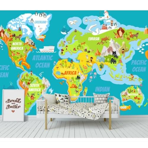 Beibehang custom 3d wallpaper kids mural living room Pink blue cartoon animal world map TV background wallpaper for walls 3d