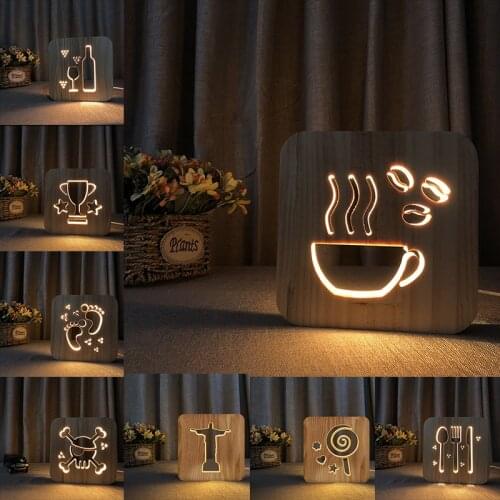 Acecorner LED USB Night Light Wooden Jesus Coffee Footprint Cute Lamp Novelty Kid Bedroom 3D Decoration Table Lights Child Gift