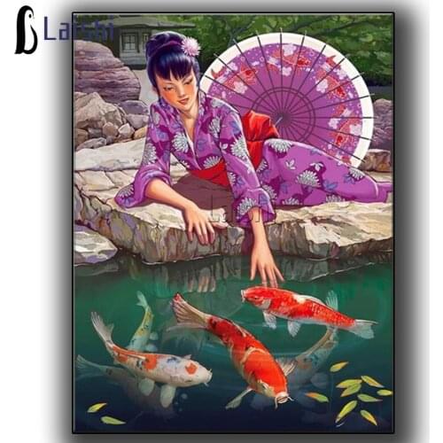 5D DIY Diamond Painting by Number Japanese geisha Koi Fish View Diamond Embroidery Cross Stitch Kits Diamond Mosaic Home Decor