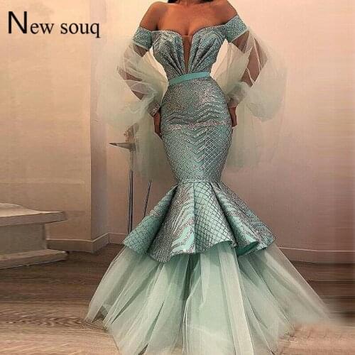 Off The Shoulder Shiny Fabric Evening Dresses Mermaid Party Gowns 2019 Tulle Prom Dress Abendkleider Arabic Dubai Abaya Kaftan