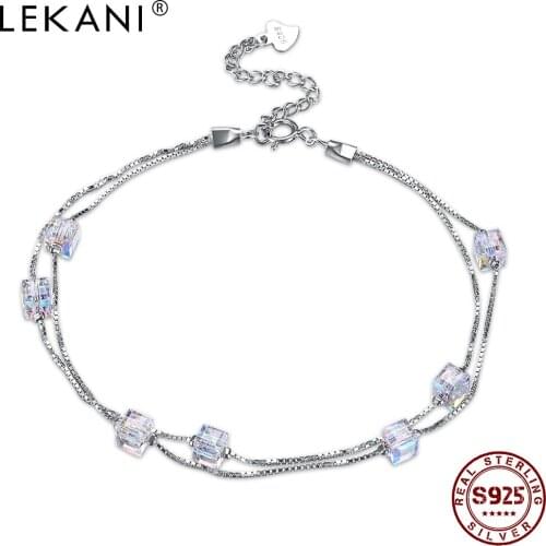 LEKANI 925 Sterling Silver Bracelets For Women Geometric Square Austria Crystal Adjustable Charm Bangle Bracelet Jewelry Gift