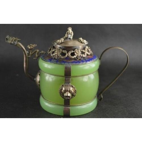 Chinese handwork old green jade inlay tibet-silver dragon teapot monkey Garden 100% real Tibetan Silver Brassroom