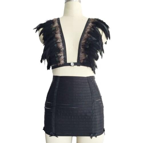 Black feather with goth body harness and Sexy Hip Package Harness Dress sets ,festival rave cage bra, feather wings Lingerie