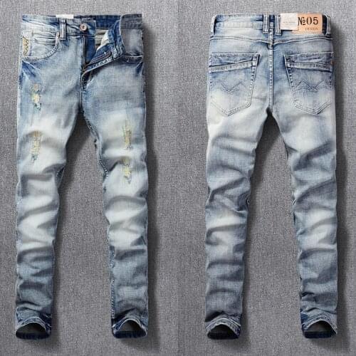 Italian Style Fashion Men Jeans Retro Light Blue Embroidery Designer Ripped Jeans For Men Streetwear Hip Hop Denim Punk Pants