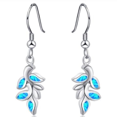 FYJS Unique Silver Plated Leaf with Opalite Opal Drop Earrings for Women Plant Jewelry
