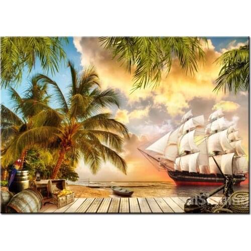 Coconut Tree DIY cross stitch diamond mosaic Sunset Boat Scenery full set 5D Full Drill Square Round Rhinestone Embroidery N1190
