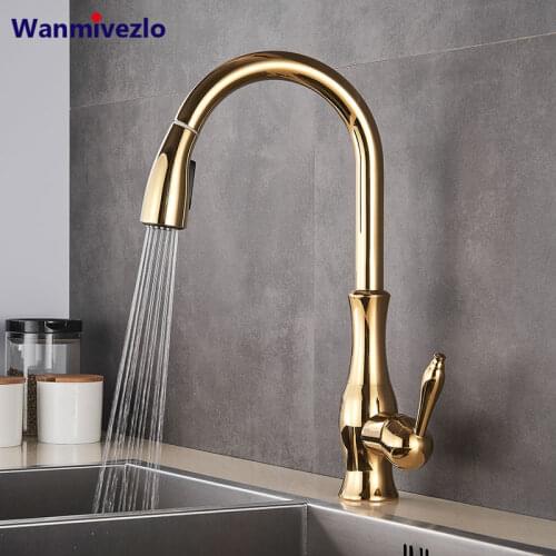 Golden Pull Out Kitchen Faucet Pull Down Spray Kitchen Mixer Tap Single Handle Mixer Tap Swivel 360 Degree Kitchen Mixer Tap