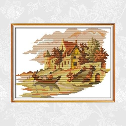 The Lakeside Houses Cross Stitch Pattern 14CT 11CT Printed Canvas DMC Counted Handwork Beginner Cross-stitch Embroidery Sets