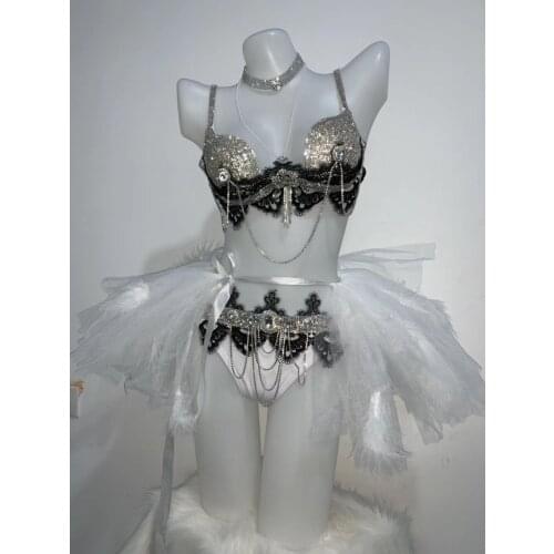 Fashion Crystals Bra Short 3-piece Set Womens Sexy Dance Tutu Costume Rhinestones Skirt Prom Party Stage Wear Clothing SET