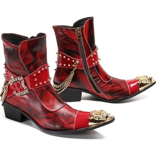 Winter men boots black boots steel Toe shoes Mens Dress Boots Genuine leather Fashion Rivet chain low heel Side zipper 39-46