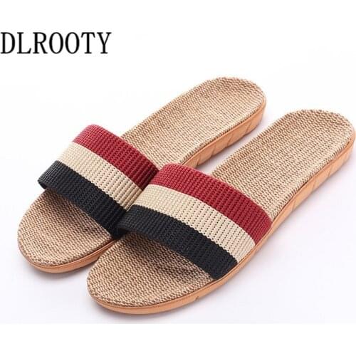 Men Slippers Sandals Flip Flops 2018 New Summer Fashion Breathable Hemp Non-slip Shoes Man Home Slides Striped Casual Female