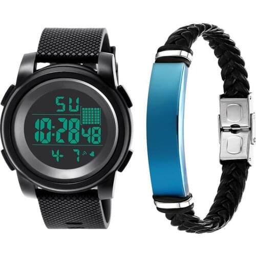2Pcs Men Sports Waterproof Electronic Digital Luminous Wrist Watch + Bracelet