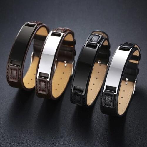 Mens Free Custom Personalize Engrave Name Love Info Stainless Steel ID Bar Bracelets for Women with Adjustable Leather Jewelry