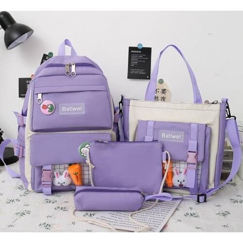 4-piece Set Fashion Backbags For Women Canvas Waterproof Schoolbag For Girls Large Capacity Travel Backpacks Shopping Bag