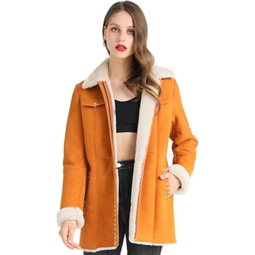 SANI 2020 Top Quality New Yellow Shearling Fur Coat Women Winter Real Fur Coat Red Real Sheepskin Jackets