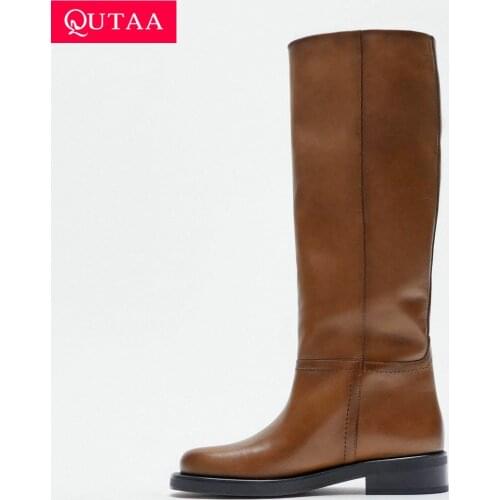 QUTAA 2022 INS Women Knee High Boots Full Cow Leather Med Heels Woman Office Lady Motorcycle Boots Long Winter Shoes Za 34-40