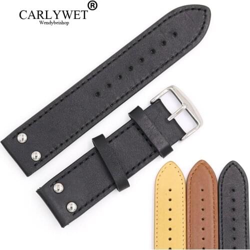 CARLYWET 22mm Black Brown Yellow Real Leather Handmade Replacement Thick Vintage Wrist Watch Band Strap With Polished Buckle