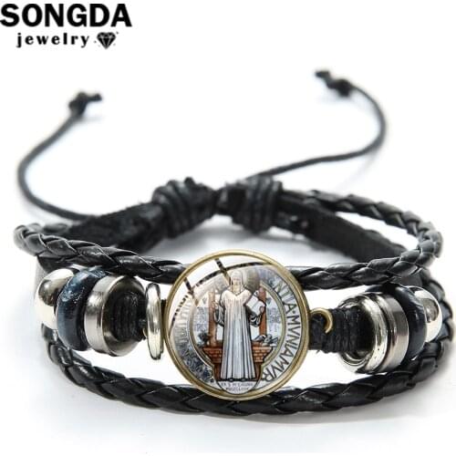 SONGDA Catholic Saint Benedict Medallion Charm Bracelet Vintage Black Multilayer Leather Bracelets for Women Men Gift Wristband