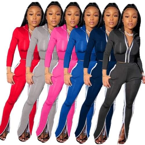 Echoine Stiped Print Zipper Crop Top and Flare Pants Two Piece Set Tracksuit Sporty Active lounge wear