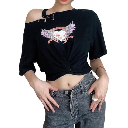 Pin off shoulder sexy angel love printed Short Sleeve T-Shirt - womens twisted front cut top short sleeve heart wings