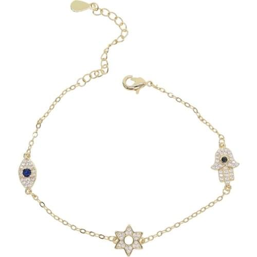 2020 Women Summer Charm Chain Jewelry Three Cz Hamsa Hand Evil Eye Delicate Flower Bracelets Cute Lovely Girl Chic Party Jewelry
