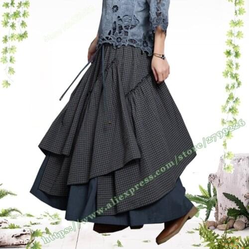2019 Spring and Autumn Plus Size 6XL 7XL Vintage 100% Cotton Plaid Lattice Asymmetrical Pleated Female Maxi Long Skirts Womens