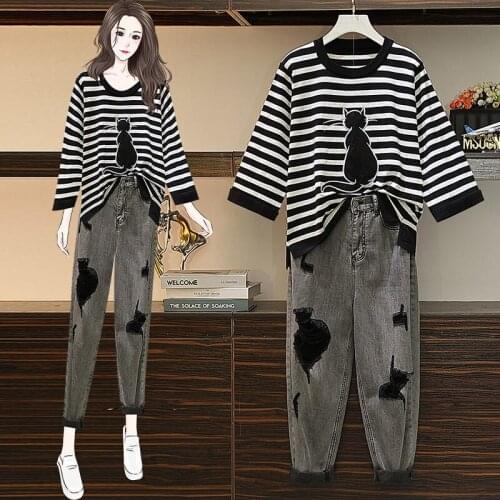 Plus Size Womens Womens Sportswear Pants Suit Western Style Striped Top Loose Jeans Two-piece Suit