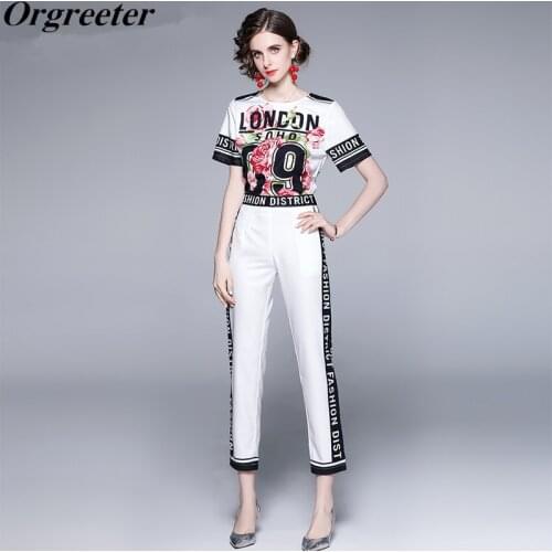 2021 Runway Summer Rose Letter Print Tracksuits Womens Streetwear T-Shirt Tops and Pocket Ankle-Length Pants 2 Piece Set