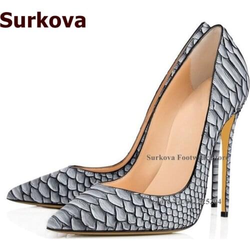 Surkova 12cm Grey White Snakeskin Thin High Heel Shoes Women Sexy Shallow Pointed Toe Pumps Fish Skin Pattern Wedding Heels