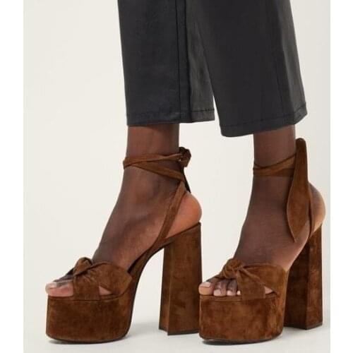 2019 Summer New Brand Woman Black Brown Red Suede Open Toe Butterfly Know Lace Up Ankle Square Heel Platform High Heel Sandals