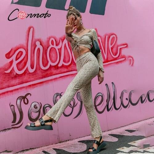 Conmoto Long sleeves drawstring shrinkage tops high waist pants suits women Casual printed stripe suits Two piece beach sets