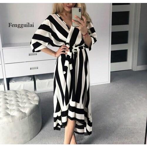 Women Fahsion Casual Asymmetrical Dress Stripe Bandage Loose V-Neck High Wasit Dress Summer Women Dresses Party