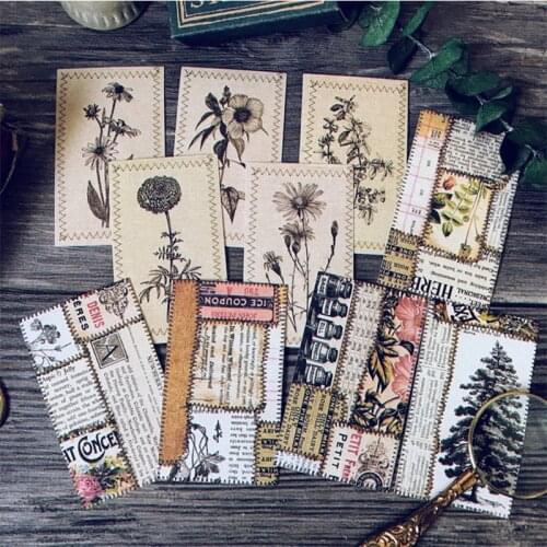 10PCS Junk journal retro imitation stitch line plant pattern thick card material DIY scrapbooking collage diary decorative card
