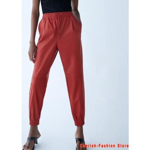 2021 New Fashion Autumn Winter Women High Waist Black Faux Leather Pants Lady PU Loose Pencil Trousers Elegant Brand Streetwear