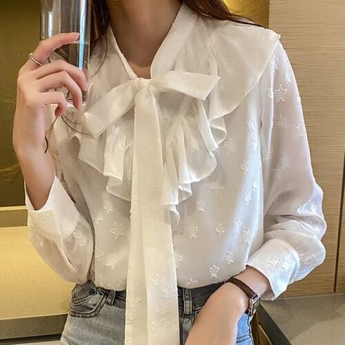 2021 Autumn White Shirt Long-sleeved Solid Blouse Ladies Loose Womens Blouse Bow Tie Ruffled Chiffon Blusas Mujer De Moda 15784