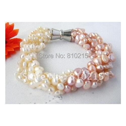 5Rows AA 4-5MM White & Pink Color Genuine Freshwater Pearl Bracelet 7.5inch Fashion Jewelry Hot Sale New Free Shipping