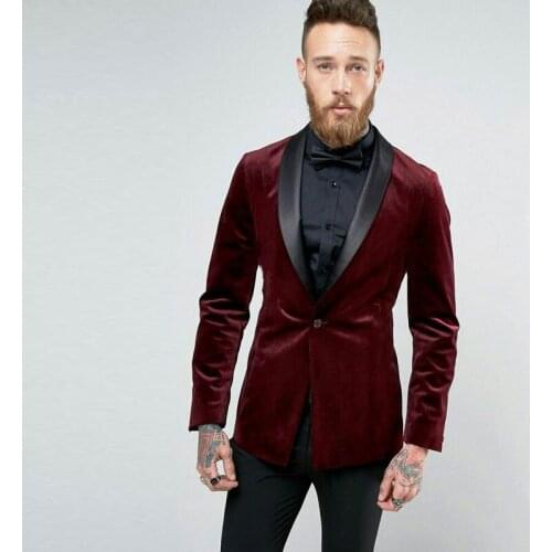Burgundy Velvet Smoking Jacket Men Suits for Wedding Black Shawl Lapel Groom Tuxedo 2Piece Best Man Blazer Slim Terno Masculino