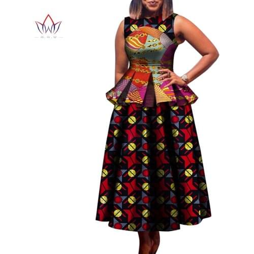 Bintarealwax African Women Dresses Bazin Riche Elegant Sleeveless Traditional African Clothing Ankle length Skirt Sets WY6142