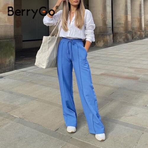 BerryGo Autumn winter drawstring sweatpants women Elastic waist long pants female Solid pocket wide leg trousers 2021