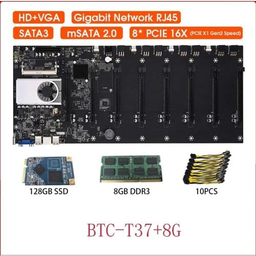 BTC-T37 Mining Motherboard 8CPU Bitcoin Crypto Etherum Mining with 4/8GB DDR3 128GB MSATA SSD 10X8Pin Power Cable
