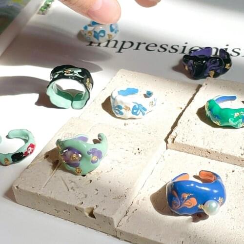 Ins Classic Color Handmade Enamel Glaze Pearl Gold Foil Paper No Fade Opening Ring for Women Girl Party Cool Fashion Jewelry