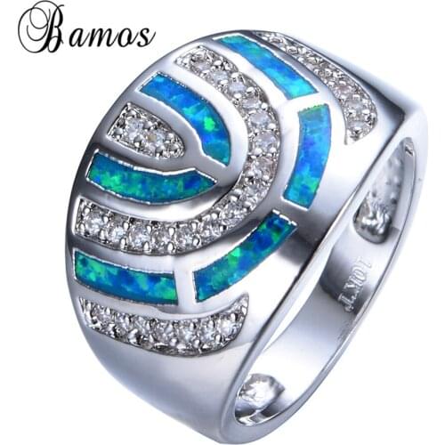 Fashion Geometric Blue Fire Opal Ring White Gold Filled Crystal Jewelry Vintage Wedding Rings For Men And Women RP0039