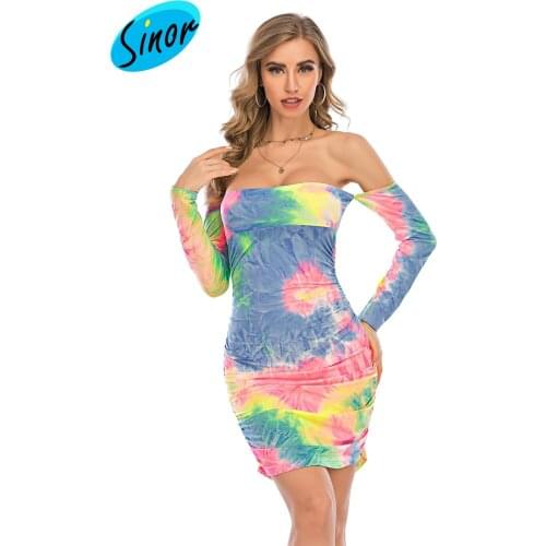 Fashion womens tie dye off shoulder long sleeve sexy hip wrap dress 2221 party dress