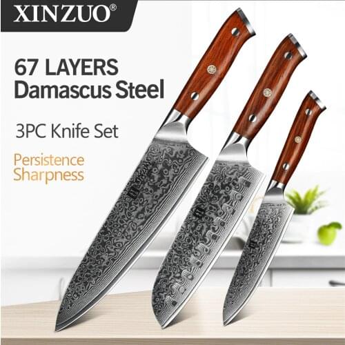 XINZUO 3 PCS Kitchen Knife Set Damascus Steel Professional Santoku Utility Chefs Knives Rosewood Handle Stainless Steel Cutlery