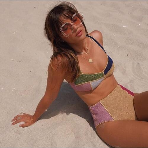 New High Waist Swimwear 2021 Shiny Sequin Push Up Bikini Womens Contrast Color Patchwork Swimwear Summer Two-piece Beachwear XL