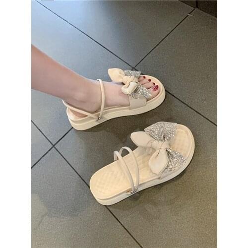 This Years New Sandals 2021 New Womens Summer Soft Bottom Fairy Style Bow All-Match Rhinestone Two-Way Sandals gothic shoes