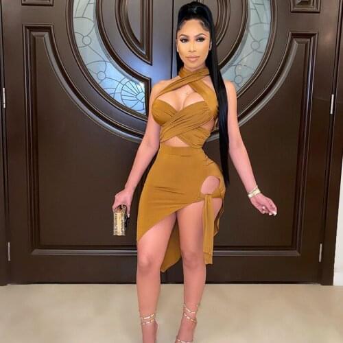 New Sexy Woman Girls Summer Clothing Set Solid Color Bandage Crop Tops High Waist Skirt 2PCS Clubwear Suit