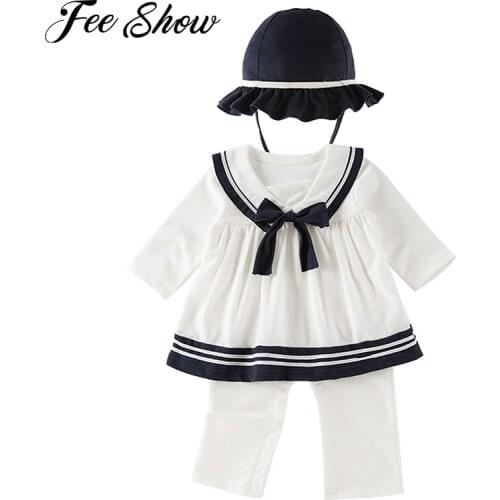 Baby Girls Clothes Newborn Navy Style Baby Romper Outfit Kid Girl Sailor Jumpsuit Costume+Hat Sets Child Long sleeve Sailor Suit