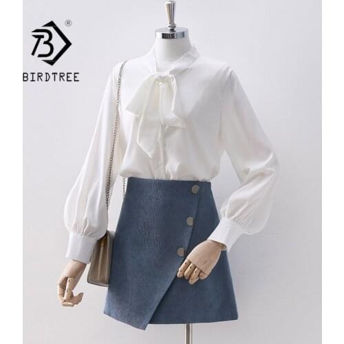 Autumn New Women Vintage Lantern Sleeve White Satin Blouse Bow Lace Up V-Neck Button Up Elegant Shirts Fall Spring Tops T17201F